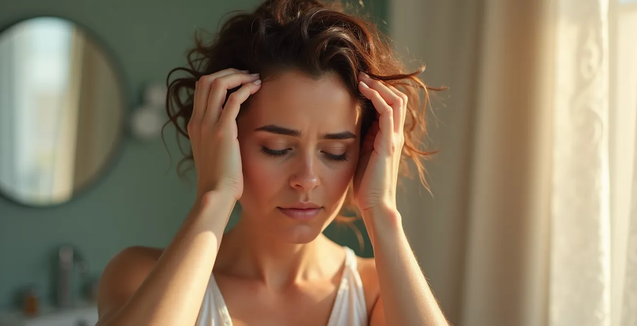 Femme analysant l'état de son cuir chevelu devant un miroir avec expression concentrée